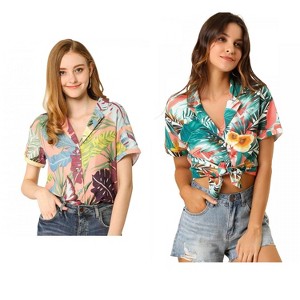 Allegra K Women's Hawaiian Floral Leaves Printed Short Sleeve Button Down Vintage Shirt 2 Pcs - 1 of 4