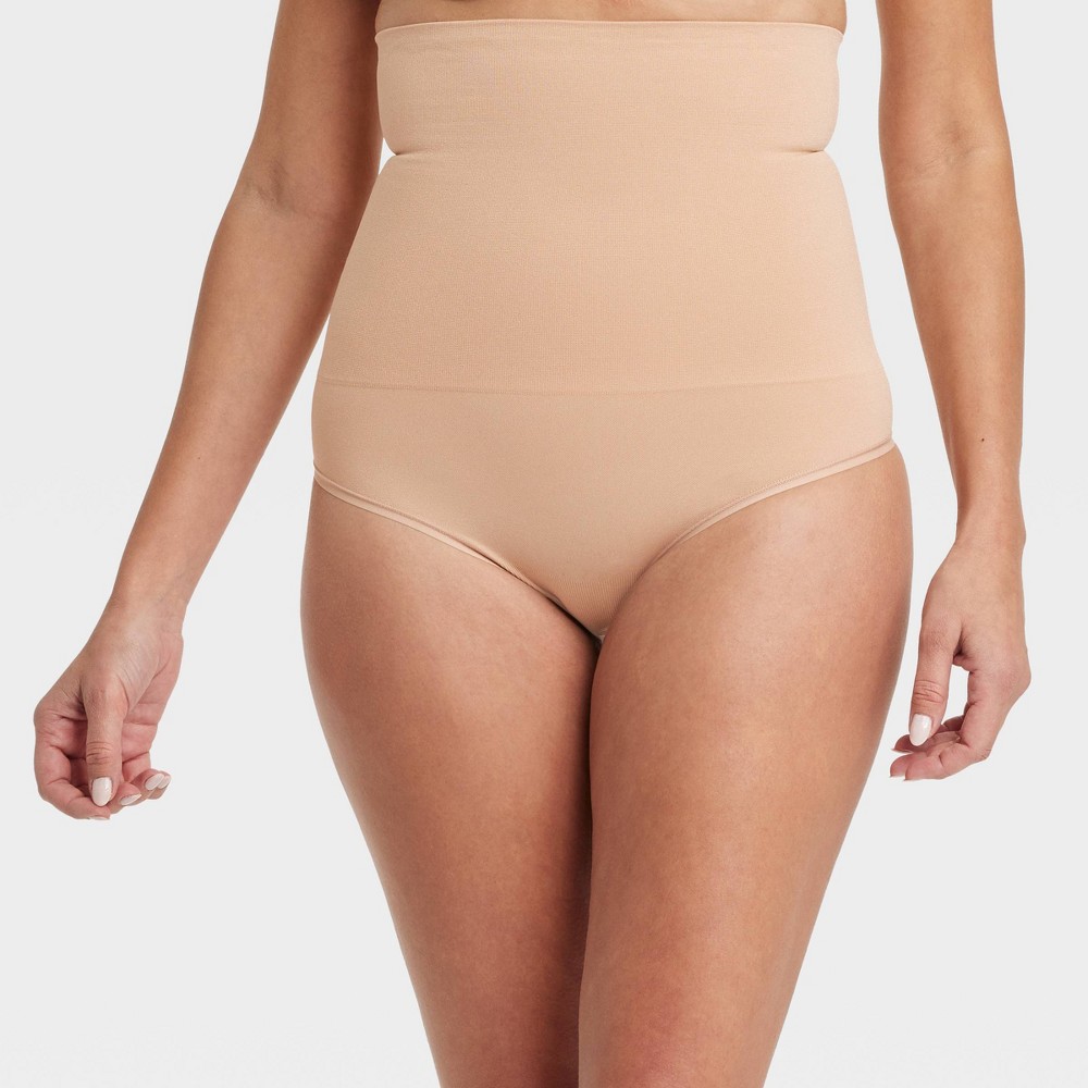 Women's Medium Shaping Seamless High-Waist Thong - Auden™ Pearl Tan L: Nylon Spandex Knit Control Panties