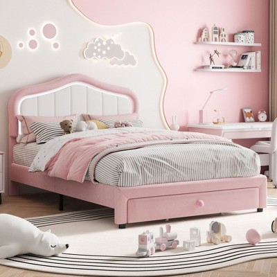Homhougo Twin-XL Upholstered Bed Frame with Storage Drawers, Cute Girls & Boys Bed with Adjustable Headboard Pink