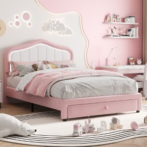 Homhougo Twin Upholstered Bed Frame with Storage Drawers, Cute Girls & Boys Bed with Adjustable Headboard Pink - 1 of 4