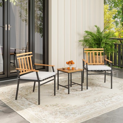 Acacia Wood and Metal 3-Piece Patio Set with Off-White Cushions