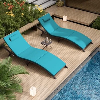ALAULM Patio Chaise Lounge Set Outdoor Lounge Chair, Rattan Reclining Chair Adjustable Backrest, Pool Sunbathing Recliners with Folding Table