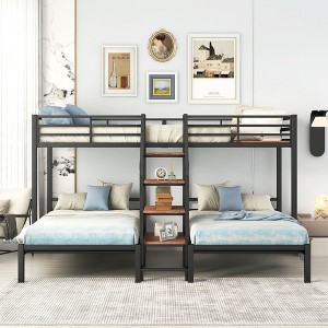 Okak Twin over Twin-Twin Triple Loft Bunk Bed with Storage Shelves Staircase Metal Frame Bed with Safety Full-Length Guardrail for Teens Kids, Black - 1 of 4