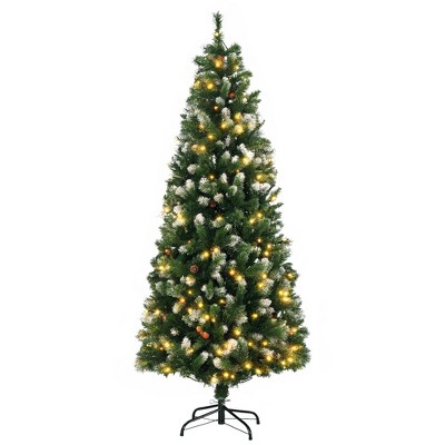 HOMCOM 6ft Skinny Prelit Artificial Christmas Tree Holiday Decoration with Snow-dipped Branches, Warm White LED Lights, Auto Open, Green