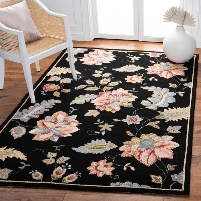 Black Floral Hand-Hooked Wool Area Rug 8'9" x 11'9"
