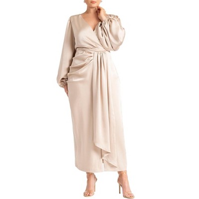 ELOQUII Women's Plus Size Satin Puff Sleeve Pleated Dress