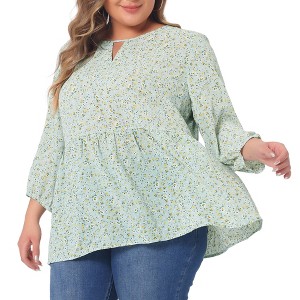 Agnes Orinda Women's Plus Size Floral Retro Keyhole Neck Lantern Summer Babydoll Blouses - 1 of 4