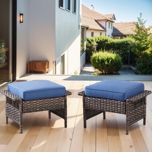 Gymojoy 2 Pieces Outdoor Patio Rattan Ottomans with cushions - 1 of 4