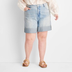Women's Mid-Rise Wide Cuff Baggy Denim Shorts - Future Collective - 1 of 3