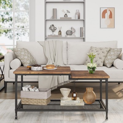 Coffee Table - 2-Tier Rustic Center Table with Mesh Shelf Industrial Living Room Table