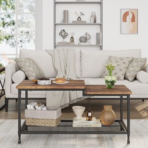 Coffee Table - 2-Tier Rustic Center Table with Mesh Shelf Industrial Living Room Table - 1 of 4
