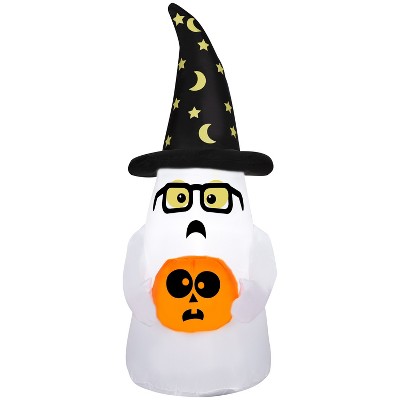 Gemmy Airblown Inflatable Trick or Treating Ghost w/ Wizard Hat, 4 ft Tall, Multi