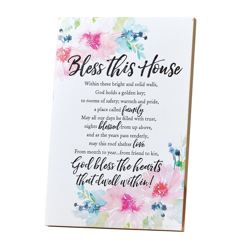 Collections Etc Bless This House Watercolor Flowers Wooden Plaque 6" x 0.75" x 9", 1 of 3