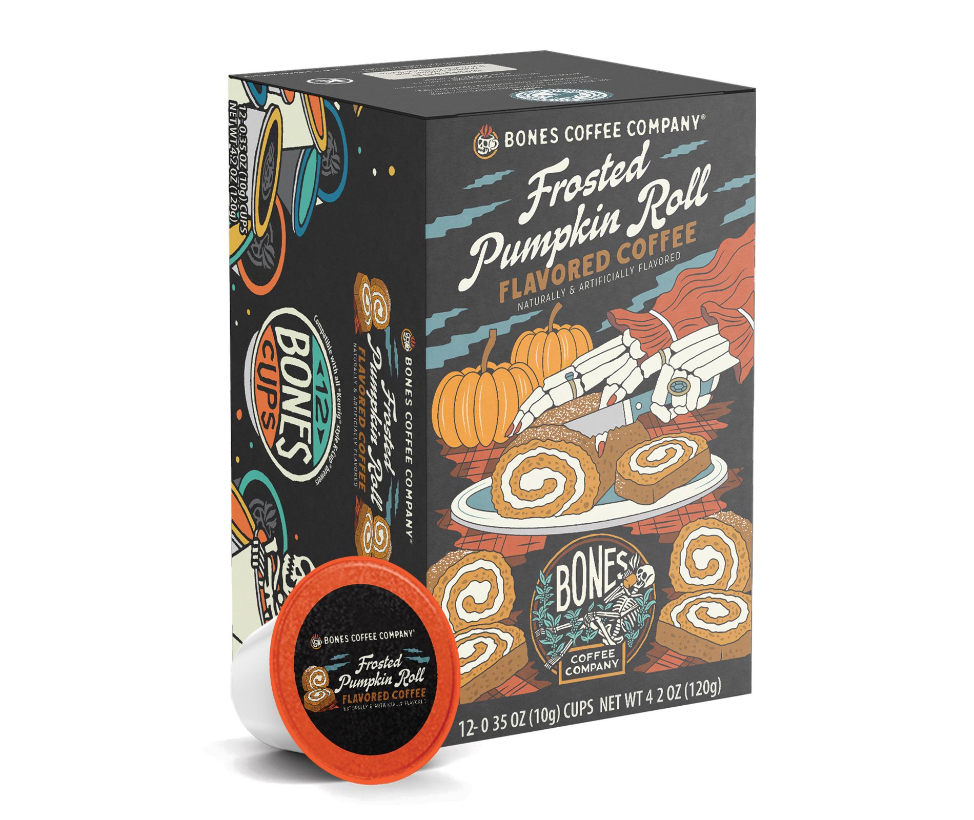 Bones Coffee Company Frosted Pumpkin Roll Flavored Coffee Pods, 12 ct Single-Serve Bones Cups Compatible with Keurig Coffee Maker