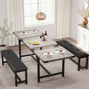 63" Dining Table Set for 4-6, Large Wooden Extendable Kitchen Table Set for 6, Rectangle Kitchen Table Set with 2 Upholstered Benches, Retro Gray - 1 of 4