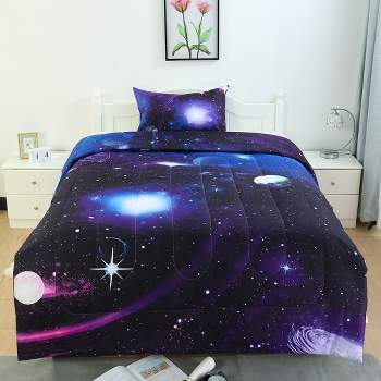 PiccoCasa Polyester Twin Galaxies All-season Reversible Comforter & Pillow Case Sets Galaxies Purple 2 Pcs