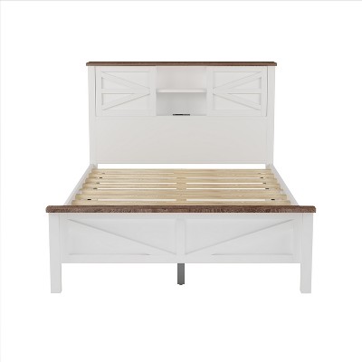 Bellemave Full Size Bed Frame with Headboard,  Headboard with Build in Shelves and 2 AC Outlets & 2 UAB Ports,  White+Brown