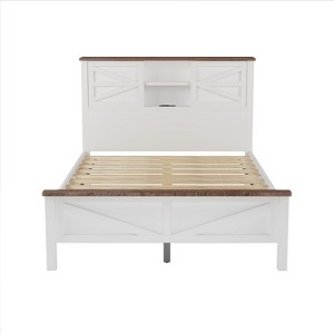 Bellemave Full Size Bed Frame with Headboard,  Headboard with Build in Shelves and 2 AC Outlets & 2 UAB Ports,  White+Brown - 1 of 4