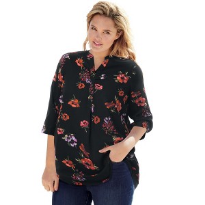 Woman Within Plus Size Rayon 7-Day Three-Quarter Sleeve Tab-Front Tunic - 1 of 4