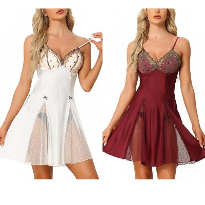 INSPIRE CHIC Women's 2 Pcs Lingerie Babydoll Satin Mini Chemise with Mesh Inset Sweet Nightgown