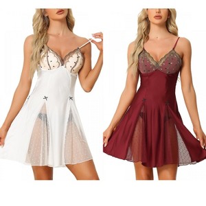 INSPIRE CHIC Women's 2 Pcs Lingerie Babydoll Satin Mini Chemise with Mesh Inset Sweet Nightgown - 1 of 4