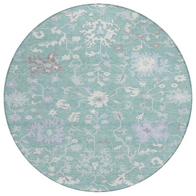 HomeRoots 8' Pale Aqua Ivory And Gray Round Floral Washable Indoor Outdoor Area Rug