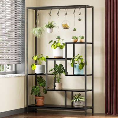 5-Tier Tall Indoor Plant Stand with Hanging Hooks and Large Metal Shelf - Multi-Purpose Display Rack for Garden