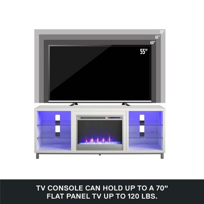 White Modern Fireplace TV Stand with LED Shelves for 70" TVs