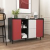 Sideboard Buffet Cabinet, Black Storage Cabinet with Red Doors , 2 Drawers with unique panel styling and 2 Open Storage Compartment - 3 of 4