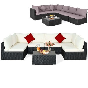Costway 7PCS Patio Rattan Furniture Set Sectional Sofas Off White & Grey Cushion Covers - 1 of 4