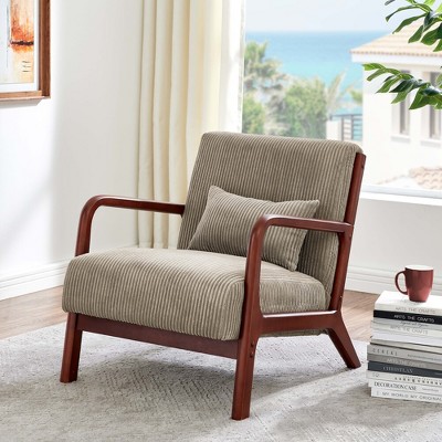 JUJABU Modern Accent Chair with Ribbed Corduroy Upholstery & Lumbar Pillow – Walnut Frame