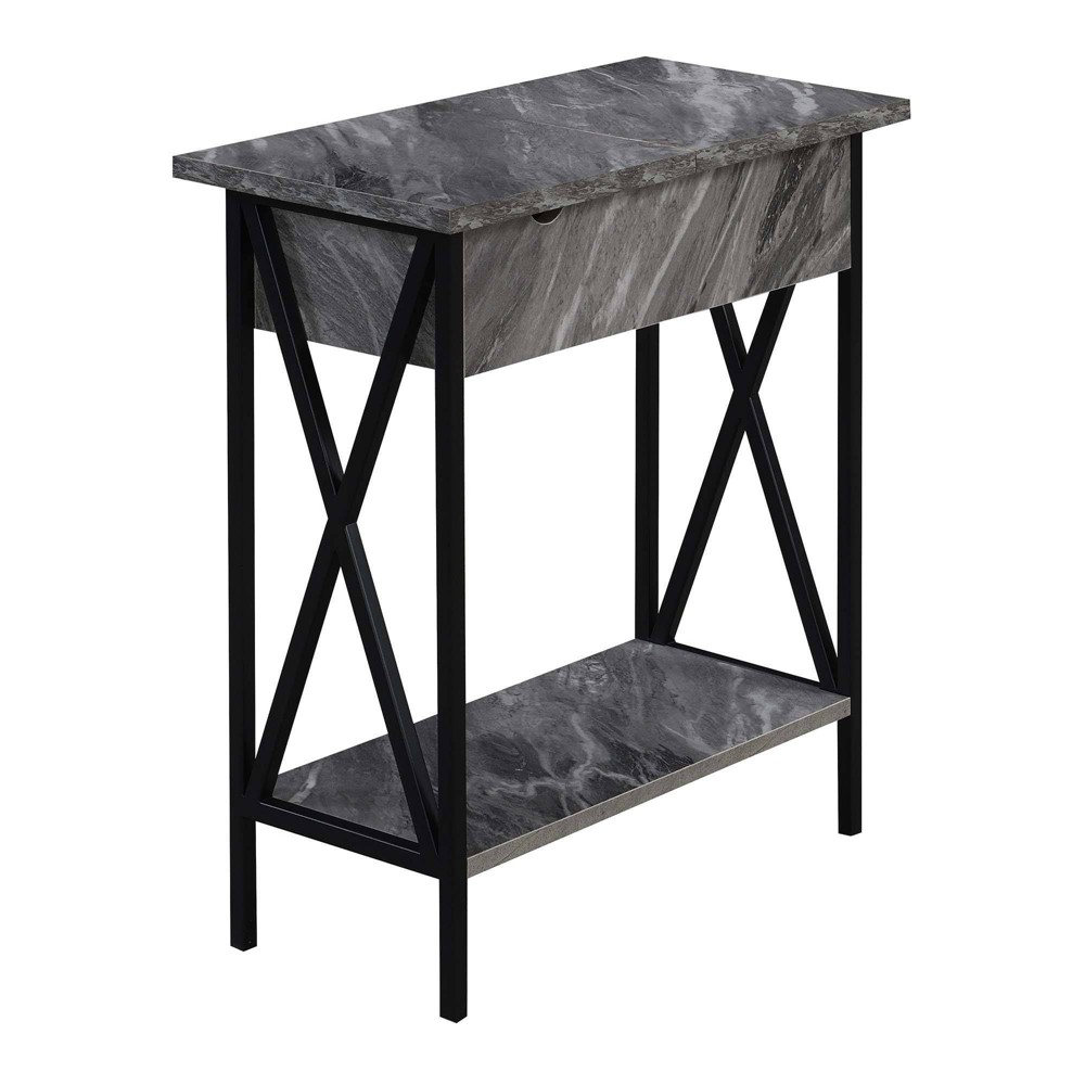 Breighton Home Tucson Flip Top End Table with Charging Station and Shelf Gray Faux Marble/Black: Modern Style, Metal Frame, MDF Surface