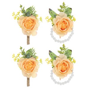 Unique Bargains Rose Wrist Corsage and Boutonnieres Fabric Adjustable Artificial Flowers 4 Pcs - 1 of 4