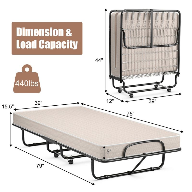 Costway Folding Bed with Memory Foam Mattress Portable Rollaway Guest Cot Memory Foam Beige Made in Italy, 4 of 11