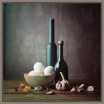 16" x 16" Kitchen Eggs and Bottles Still Life by Luiz Laercio Framed Wall Canvas - Amanti Art