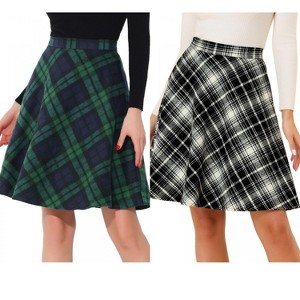 Allegra K Women's Christmas Plaid Vintage Tartan Elastic Waist Knee Length A-Line Skirt 2 Packs - 1 of 4