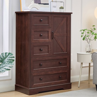 Farmhouse 47.2 '' H 5 Drawer Bedroom Dresser with Door, Wood Rustic Tall Chest of Drawers for Bedroom, Closet Storage for Bedroom