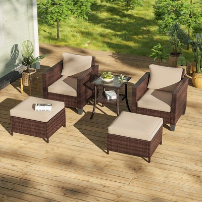 Sonkuki 5 Pieces PE Rattan Furniture Set with Side Table, Patio Chair with Washable Cushion, Ottomans for Balcony, Porch and Yard