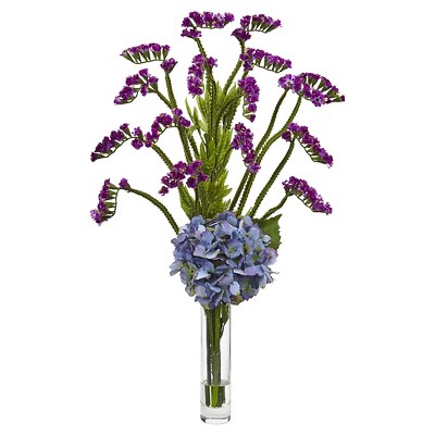 Hydrangea and Statice Bud Silk Arrangement with Cylindrical Glass Vase - Nearly Natural