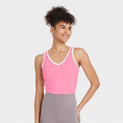 Women's Everyday Soft Light Support Contrast V-Neck Cropped Sports Bra - All In Motion™ Pink L