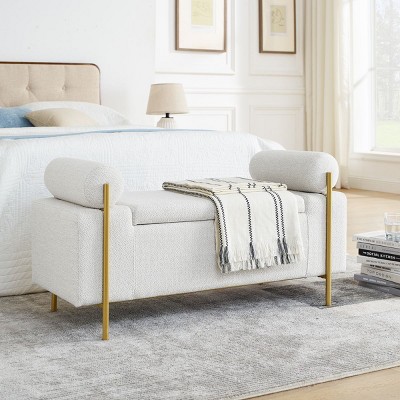 Elegant Upholstered Linen Storage Bench with Cylindrical Arms and Iron Legs for Hallway Living Room Bedroom-Cuddlewood