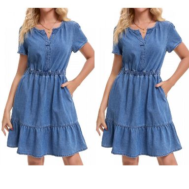 target blue jean dress INSPIRE CHIC Women's Summer Denim Short Sleeve V-Neck Elasticated Waist A-Line Dresses 2 Packs X-Large : Plus size