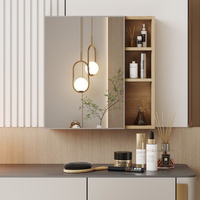 DOMETOUR Natural Wood Grain Mirror Cabinet - Clear Mirror, Storage Space, Wall-Mounted MDF Bathroom Mirror for Space Saving