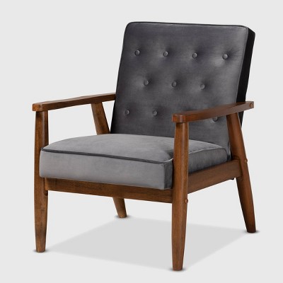 Sorrento Velvet Upholstered Wooden Lounge Chair Gray/Brown - Baxton Studio