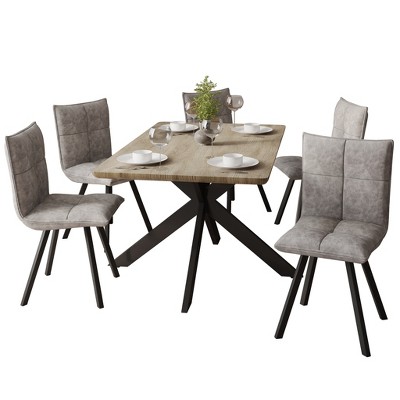 LeisureMod Ravenna 5-Piece Dining Set 63" Rectangular Dining Table with Natural Wood MDF Top and 4 Leather Side Chairs