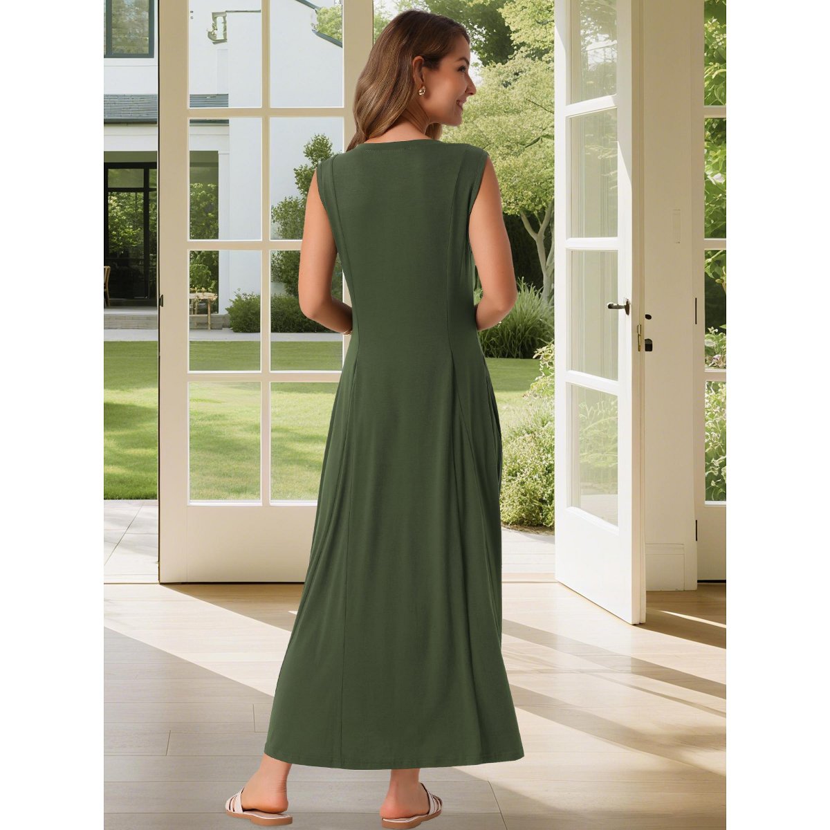 Женские платья INSPIRE CHIC Women's Sleeveless Button Fit Flare A-Line Flowy Casual Long Dress Army Green Small 2 Packs Army Green/Black Medium — фото 5