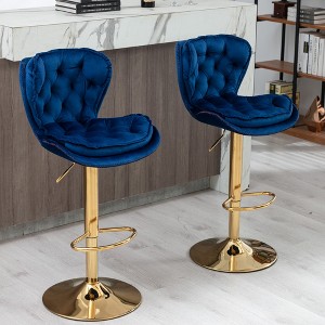 Velvet Bar Stools Set of 2 with Adjustable Height, 360¡ã Swivel, Chrome Footrest, and Metal Legs for Kitchen, Dining, or Bar - 1 of 4