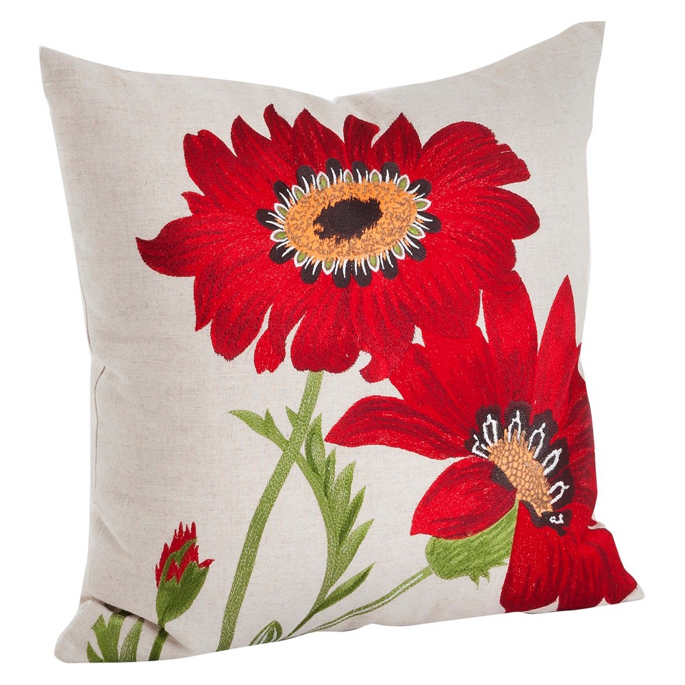 Photos - Pillow 18"x18" Embroidered Flower Square Throw  Red - Saro Lifestyle: Cotton & Linen Blend, Botanical Pattern, Indoor Use, Zi