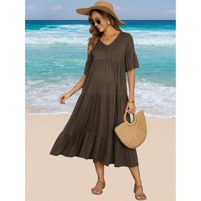 Женские платья INSPIRE CHIC Maternity Maxi Dress V Neck Button Ruffle Short Sleeve Flowy Pregnancy Dresses 2026 Summer Small Coffee — фото 3