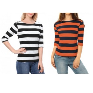 Allegra K Women's Casual Basic Elbow Sleeves Boat Neck Slim Fit T-Shirts 2 Packs - 1 of 4